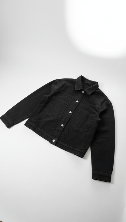 Schwarze Oversize Jeansjacke mit Mickey-Motiv – Size S/L