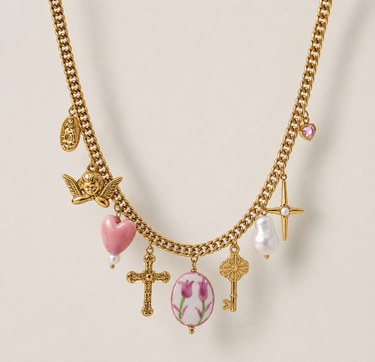 Charm Halskette „Pink Garden“ – Edelstahl