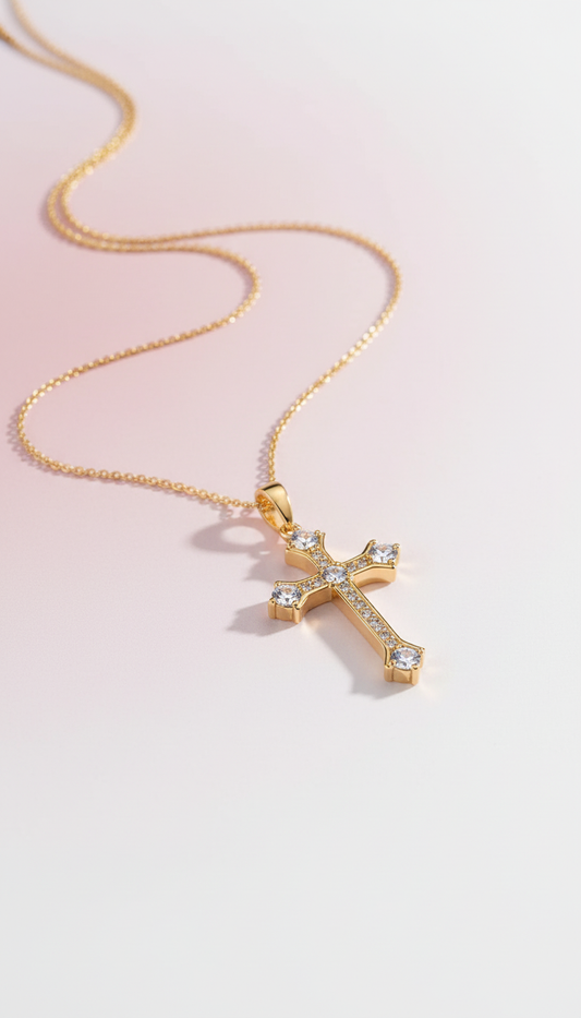 Edelstahl Halskette mit goldenem Kreuz & funkelnden Steinen ✨