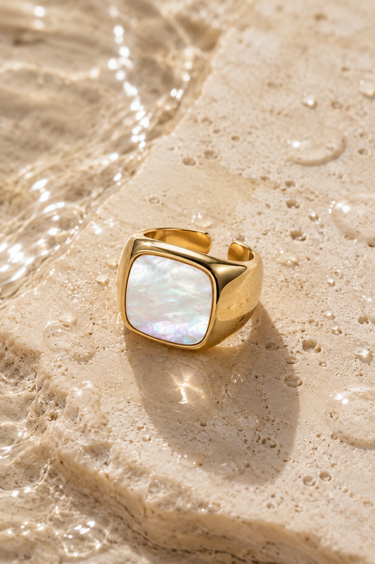 ✨ Eleganter Edelstahlring mit Perlmutt-Detail Silber/Gold ✨