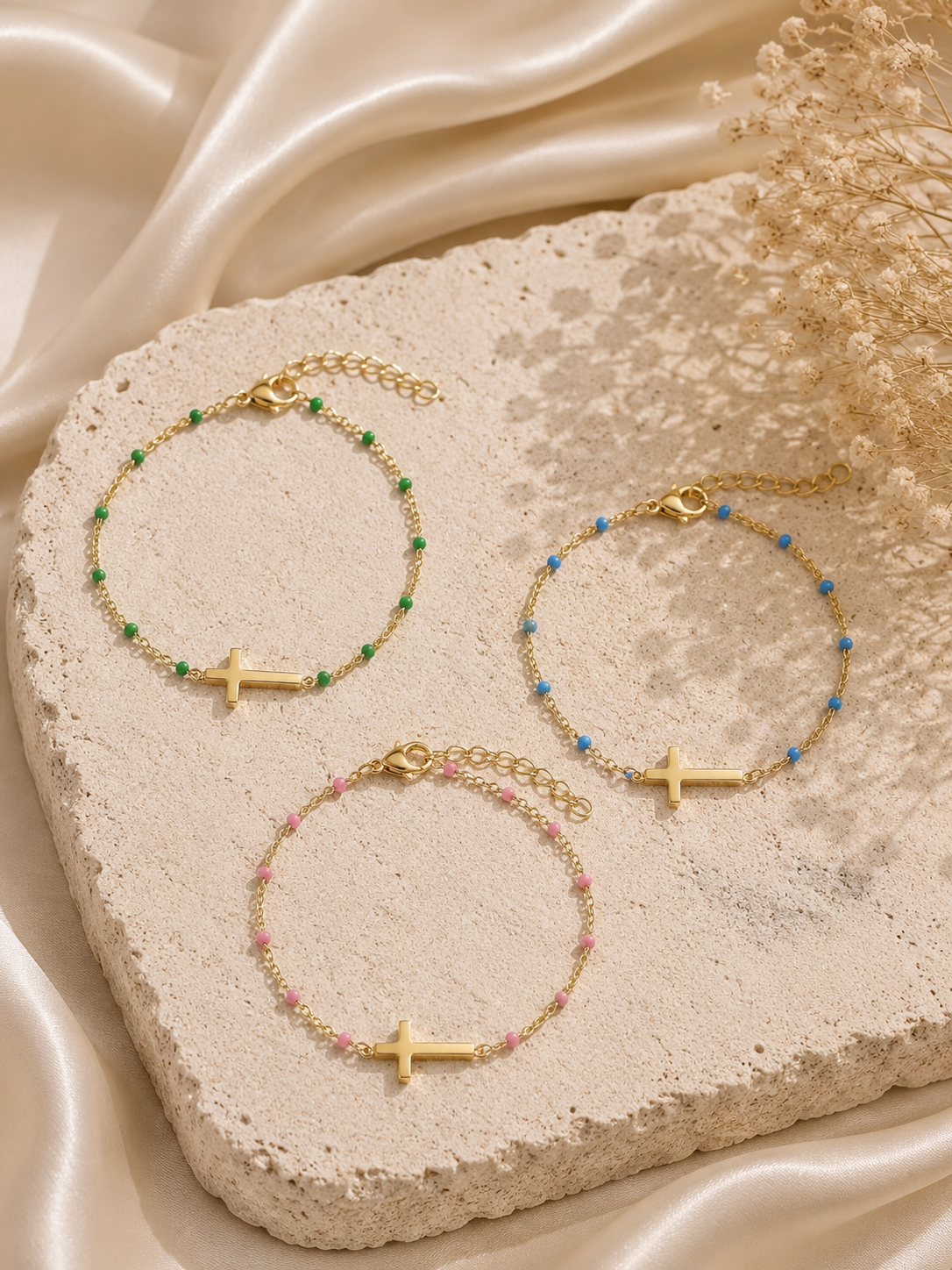 Edelstahl Armband mit Kreuz & blauen, Rosa oder Grünen Perlen – Gold