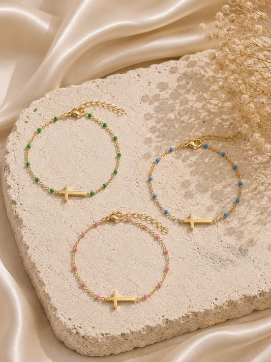 Edelstahl Armband mit Kreuz & blauen, Rosa oder Grünen Perlen – Gold